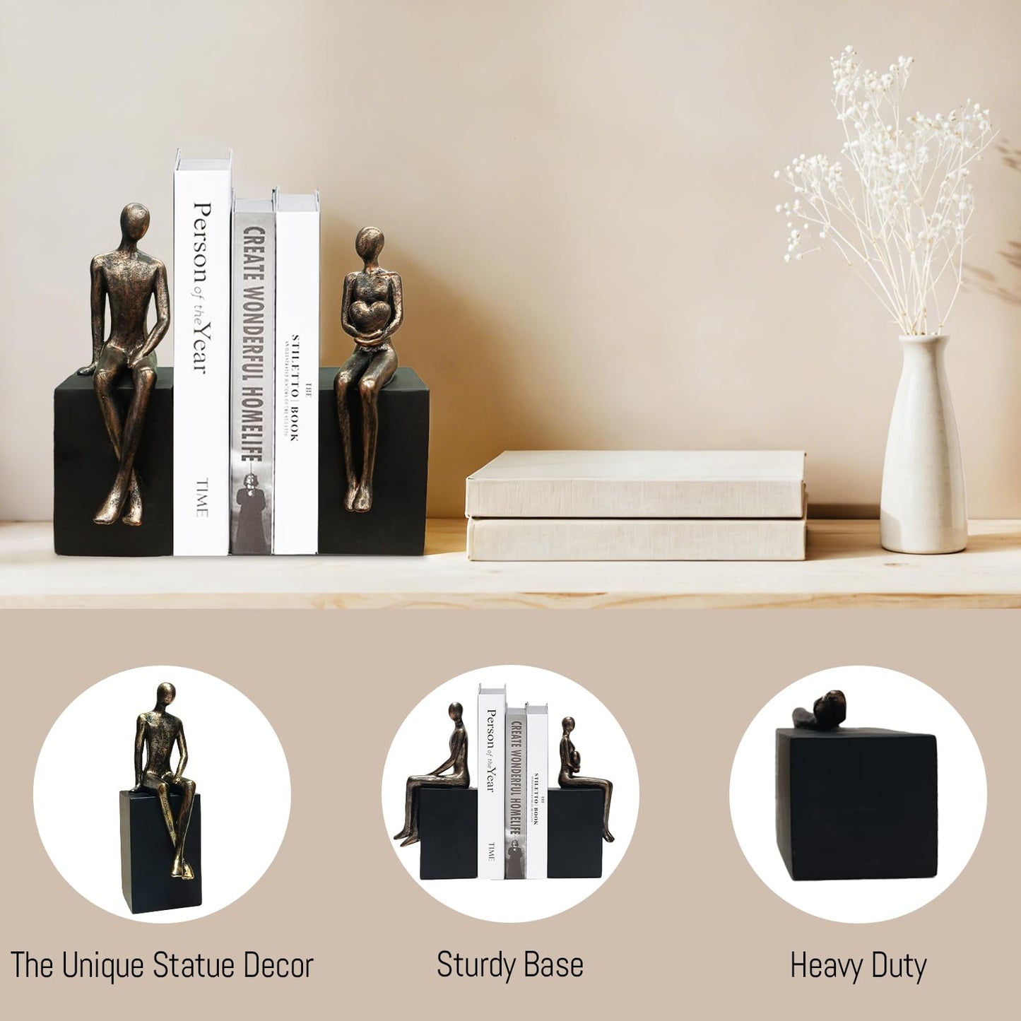 Heavy Duty Book Ends for Shelves,Iron Decorative Bookends,Reading Couple Figurine Bookends for Shelves,Non-Slip Book Holder, Modern Creative Office Company Bookends Ornament Decorations