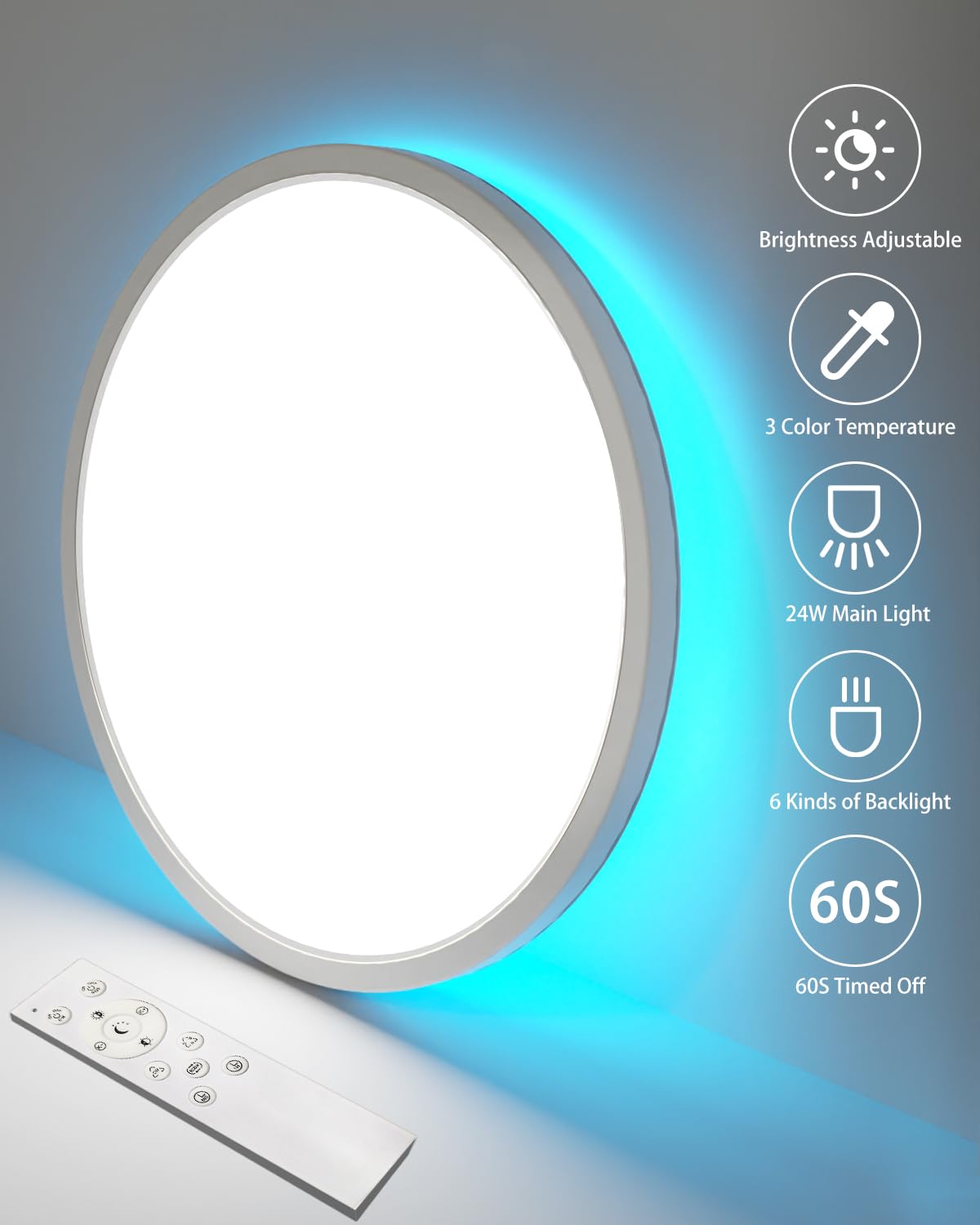 Peasur 30CM LED Ceiling Light 3000-6500K, 24W 3200LM Bathroom Light Dimmable with Remote Control, RGB Color Changing Backlight, Flush Round Ceiling Lights for Bedroom Kitchen Hallway