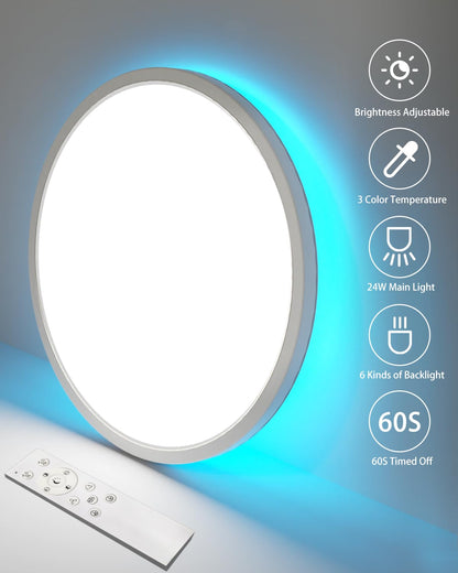 Peasur 30CM LED Ceiling Light 3000-6500K, 24W 3200LM Bathroom Light Dimmable with Remote Control, RGB Color Changing Backlight, Flush Round Ceiling Lights for Bedroom Kitchen Hallway