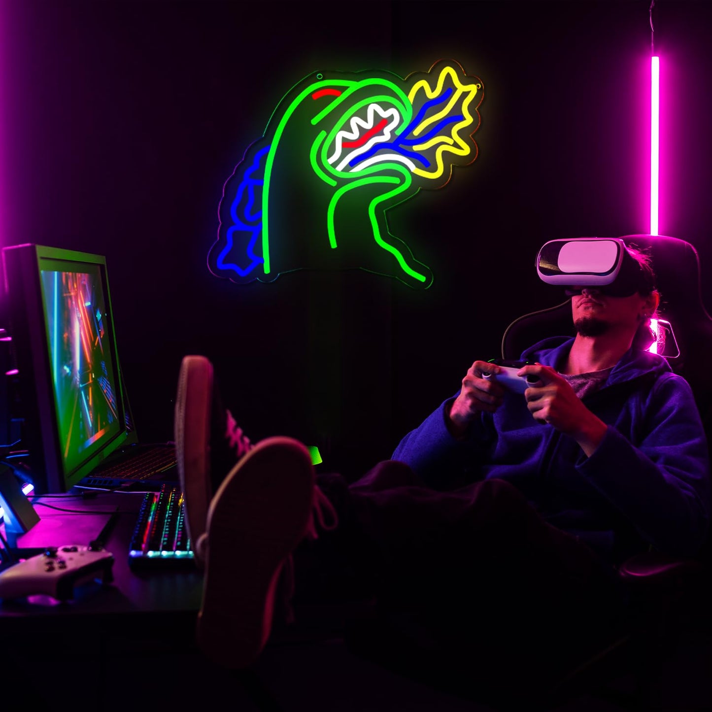 TOPQUALI Monster Neon Sign for Wall Decor,Dinosaur Dimmable Neon Sign for Gaming Room Boys Room Decor，Powered by USB 14.3 * 12.2inch,Birthday Party Christmas Gifts