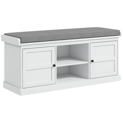 HOMCOM Shoe Bench with Cushion, Storage Bench for Entryway with Padded Seat, 2 Cabinets and Adjustable Shelf for Hallway, Living Room, Bedroom, White