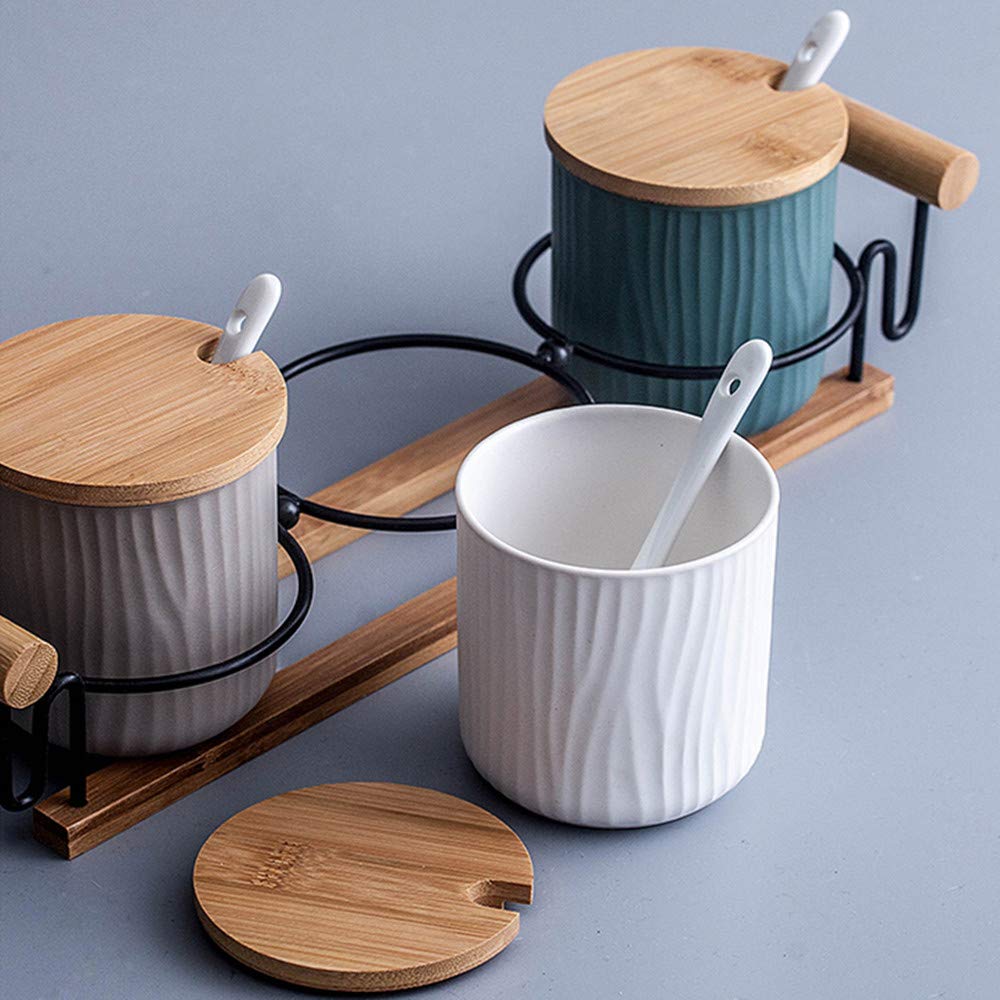 OnePine Set of 2 Ceramic Sugar Bowl 300ml Ceramic Spice Jar Condiment Pots with Bamboo Lid and Ceramic Spoon for Home and Kitchen, Height 3.93 inch,White and Gray