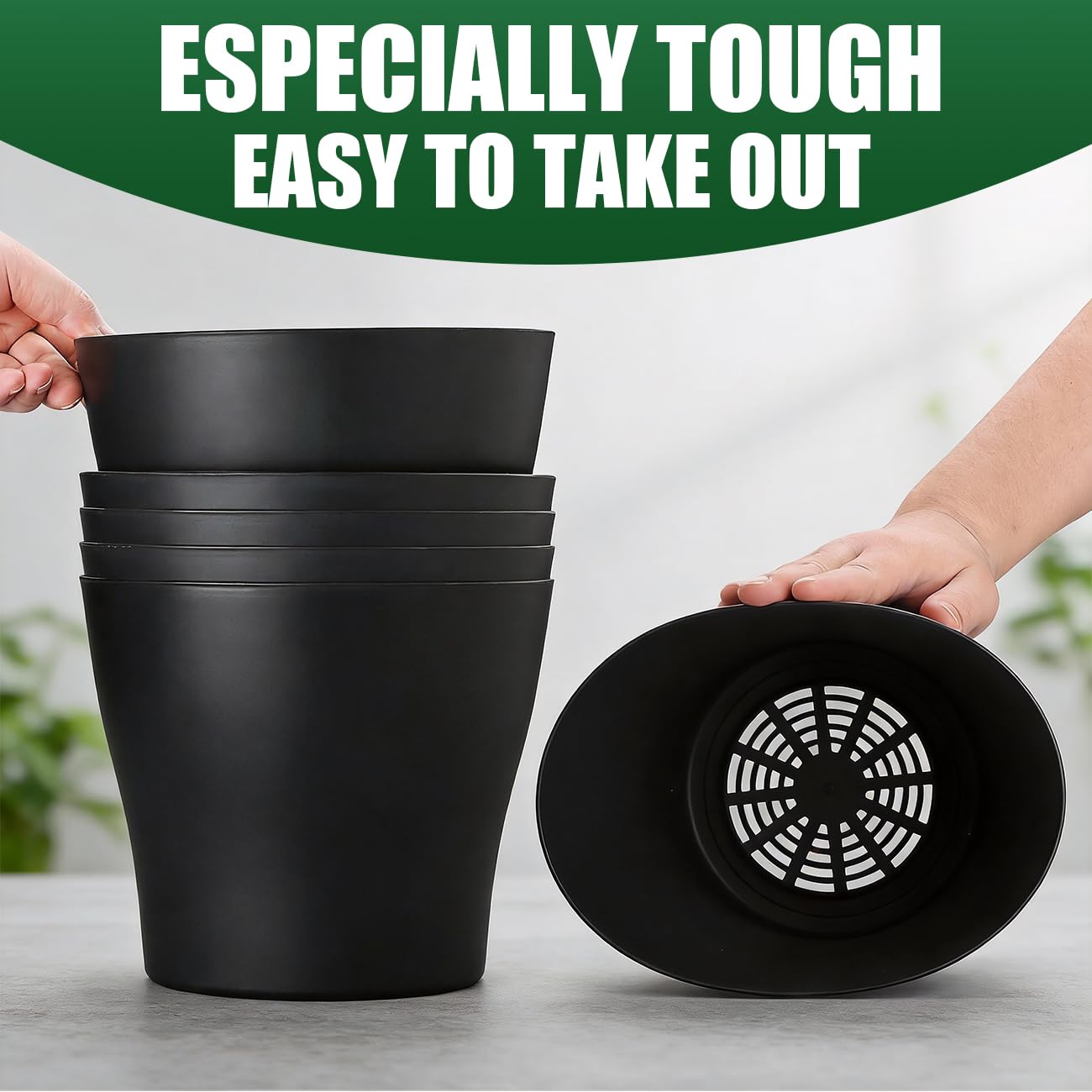 BTPLASTIK 6 Pack 8-Inch Plastic Planter with Saucer, Black- Durable Non-Slip Stackable Indoor/Outdoor Plant Pots with Large Drainage Holes, Minimalist Curved Design for Succulents, Herbs, Cacti
