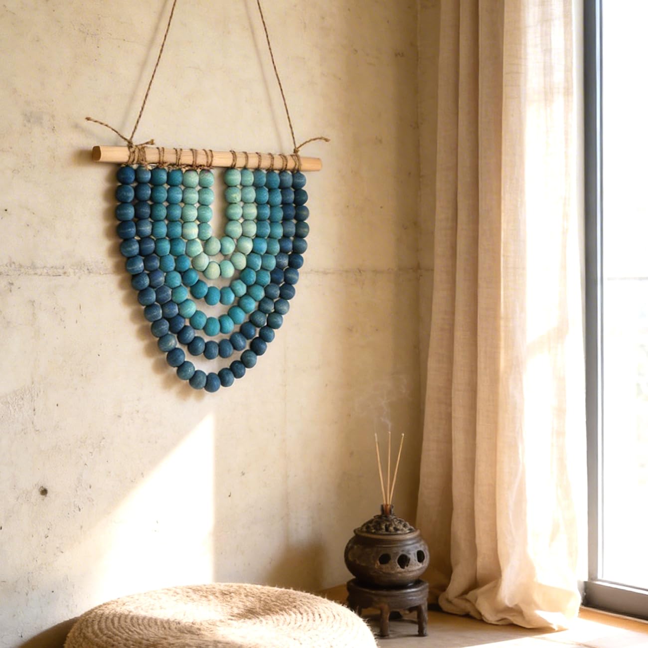 Boho Wooden Bead Garland Wall Hanging Tapestry Ombre Gradient Blue Handmade Wood Beaded Wall Art Natural Theme Coastal Wall Decor for Living Room Bedroom Entryway Apartment Dorm Home Office Decoration