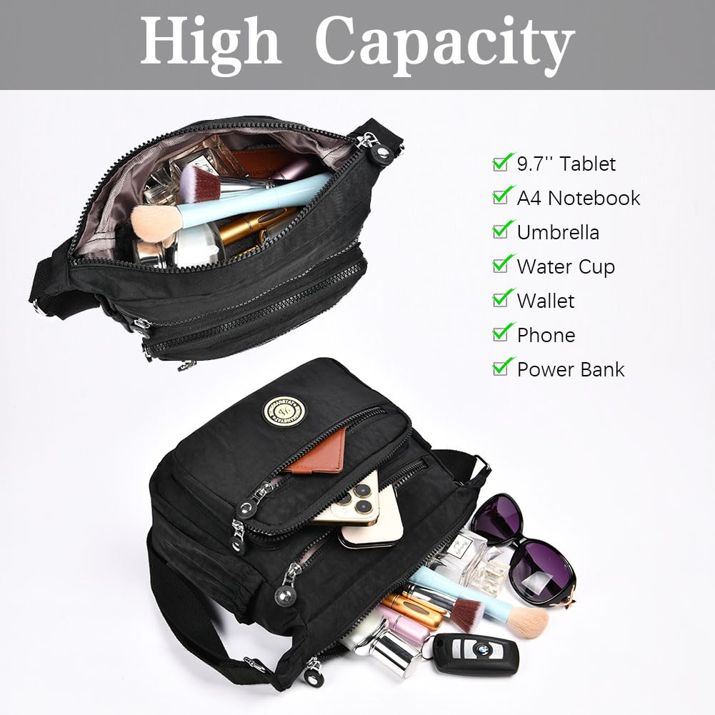 Aucuu Women's Multi-Pocket Casual Crossbody Bag, Multifunctional Travel Bag with Adjustable Shoulder Strap, Nylon Lightweight and Waterproof, for Shopping, Hiking, Everyday Use