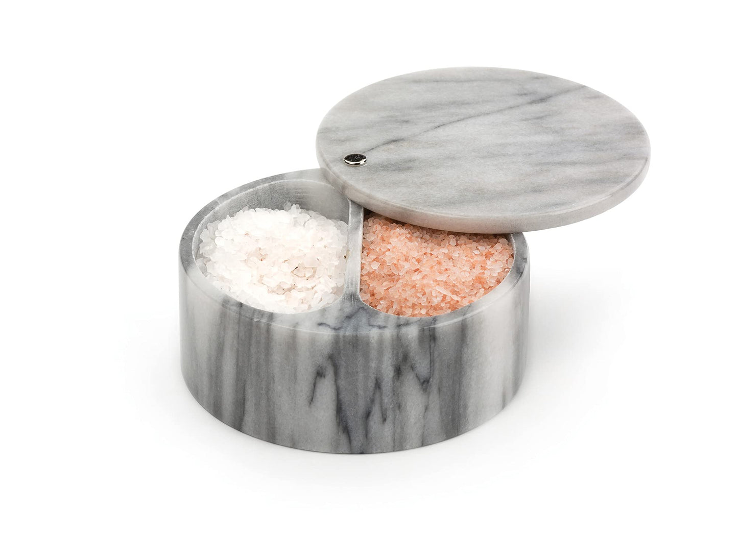 RSVP International Dual Compartment Box | Chic & Modern Herb Container | 10 Ounces Total | Swivel Top Protects Salts | Beautiful, Solid Marble, 5", White