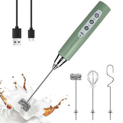 YUSWKO Black Handheld Milk Frother Wand for Coffee, Rechargeable Electric Whisk with 3 Heads 3 Speeds Drink Mixer Coffee Frother For Latte, Cappuccino, Hot Chocolate, Egg