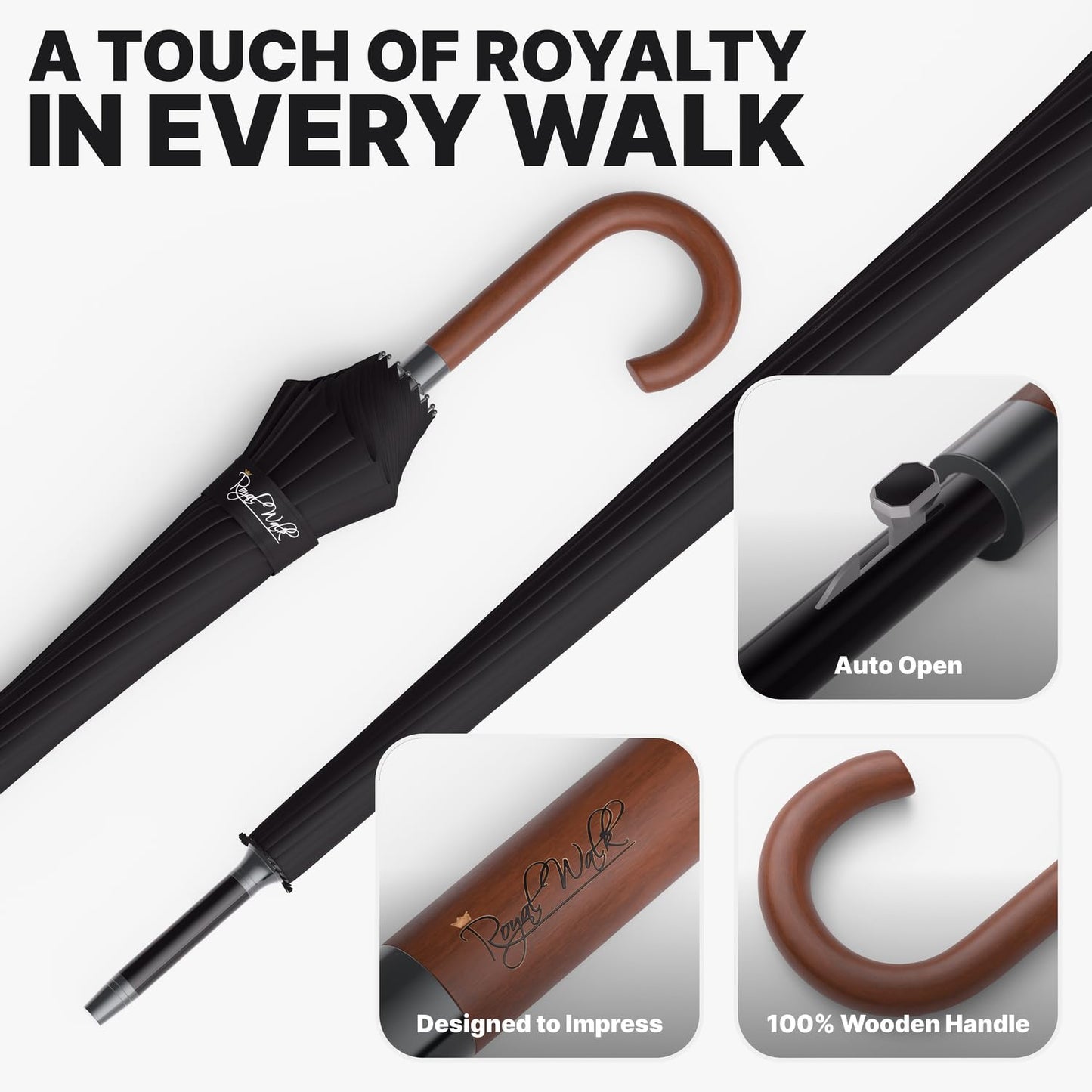 Royal Walk Windproof Umbrella Black Large 54 Inch Automatic Open for 2 Persons Stormproof for Men Women Classic Wooden Handle Lightweight Waterproof Durable Strong 16 Ribs Travel Golf Unisex 120cm