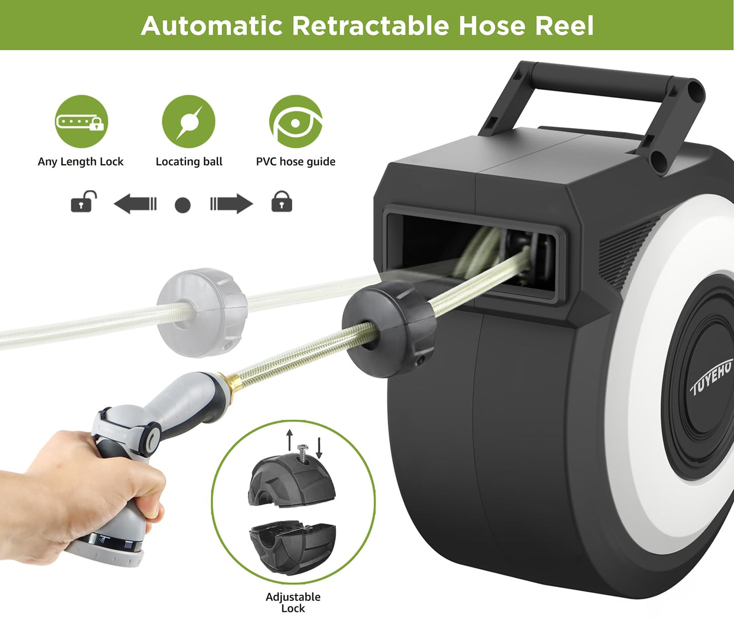 Tuyeho Retractable Garden Hose Reel 100FT, Wall Mount Heavy Duty Water Hose Reels with Automatic Slow Rewind System, Outdoor Hoses Reel with 2 Hose Nozzles for Garden Watering, Car Wash, Pet Shower