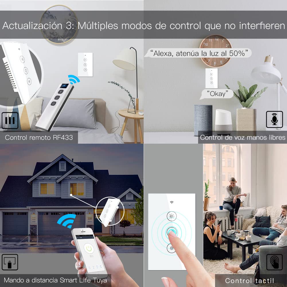 MoesGo WiFi RF Smart Light Dimmer Switch 2/3 Way Muilti-Control Association Smart Life/Tuya APP Relay Status Backlight Switch Off RF Remote Control,Compatible with Alexa Google Voice Assistants White