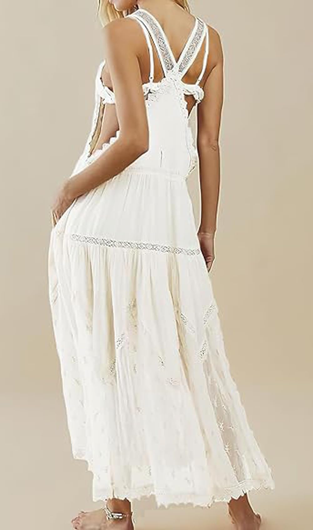 Women's Casual Lace Embroidered Maxi Dress Adjustable Strap Pleated Tiered Swing Long Dress with Pockets