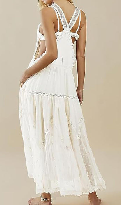 Women's Casual Lace Embroidered Maxi Dress Adjustable Strap Pleated Tiered Swing Long Dress with Pockets