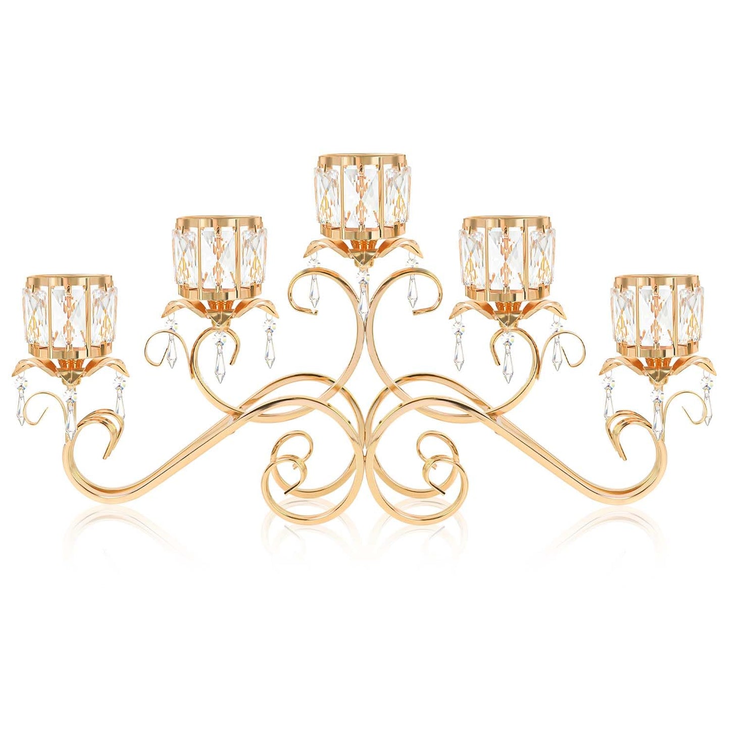 Kehail Gold 5 Arms 26.8 Inches Wide Crystal Pendant Bowl Tea Light Candle Holder, Large Bling Centerpiece Table Decorations, Metal Votive Candle Holders for Dining Table (Gold, Cup-Shaped)
