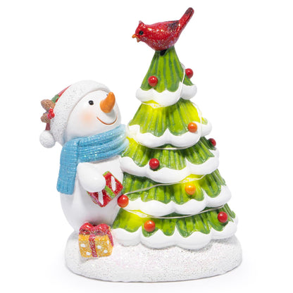 Hodao Christmas Tree Figurine Decorations — Lighted Hand-Painted Resin Snowman with Cardinal, Tabletop Decor for Family or Friends | Mantel, Shelf, Living Room Display