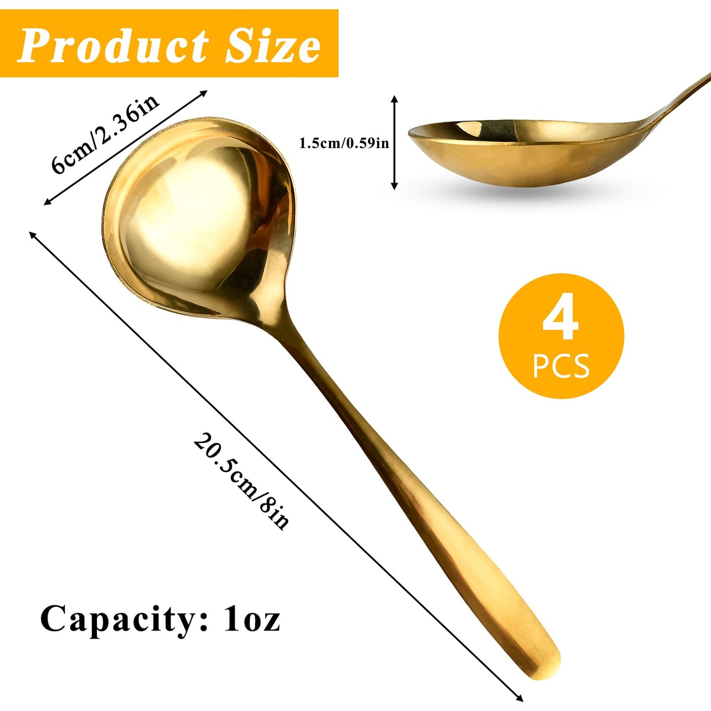 Elesunory 4 Piece 1 oz Gold Small Ladle, 8 Inch 304 Stainless Steel Soup Ladle for Serving, Gravy Spoon for Sauces, Dishwasher Safe