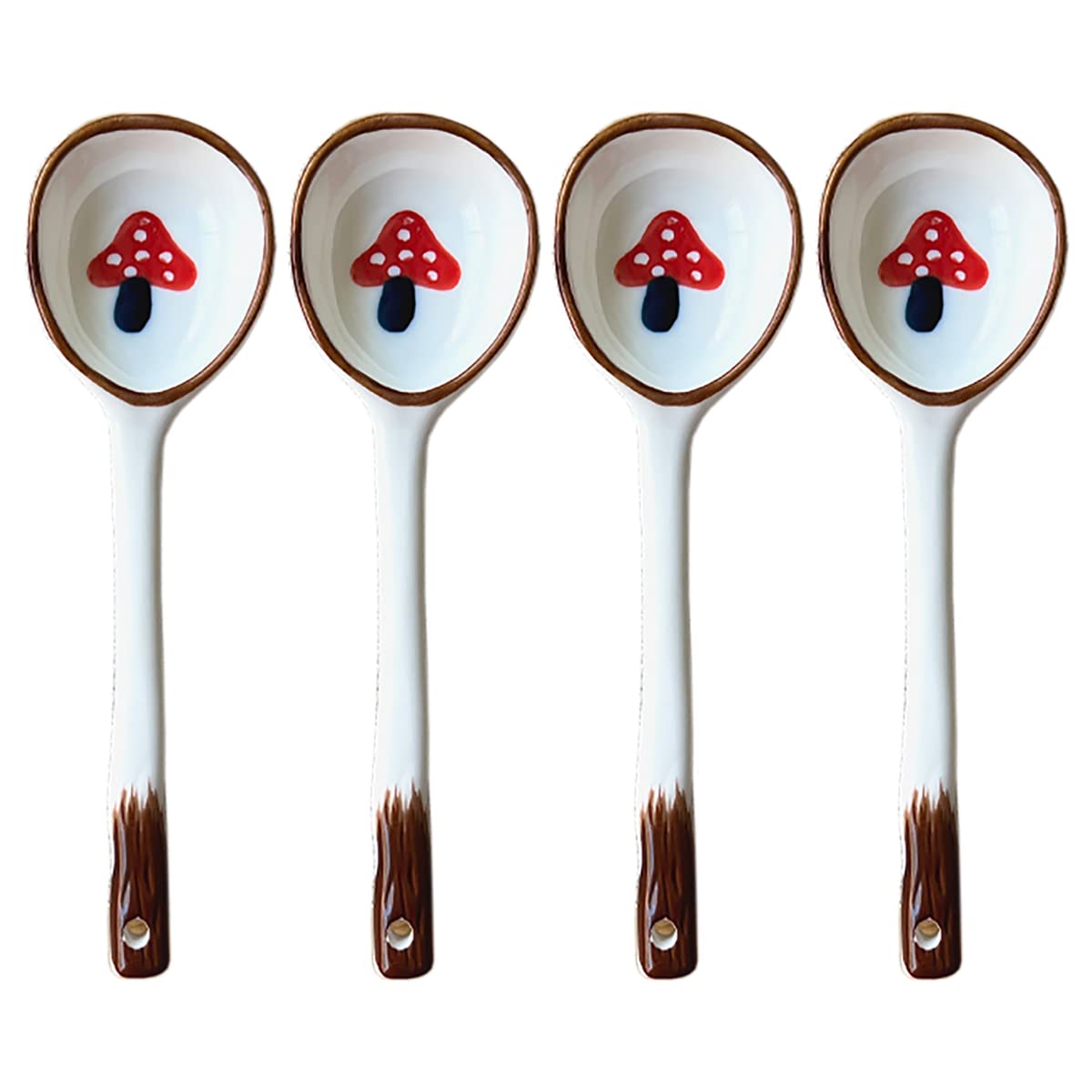 Bicuzat Vintage Ramen Soup Spoons, Ceramic Asian Soup Spoons Tablespoon, Rice Noodles Dinner Serving Spoon, Dessert Spoon, Ladles for Pho Miso Cereal Sauce Gravy Condiment, 4 PCS-Mushroom-6.6 Inch