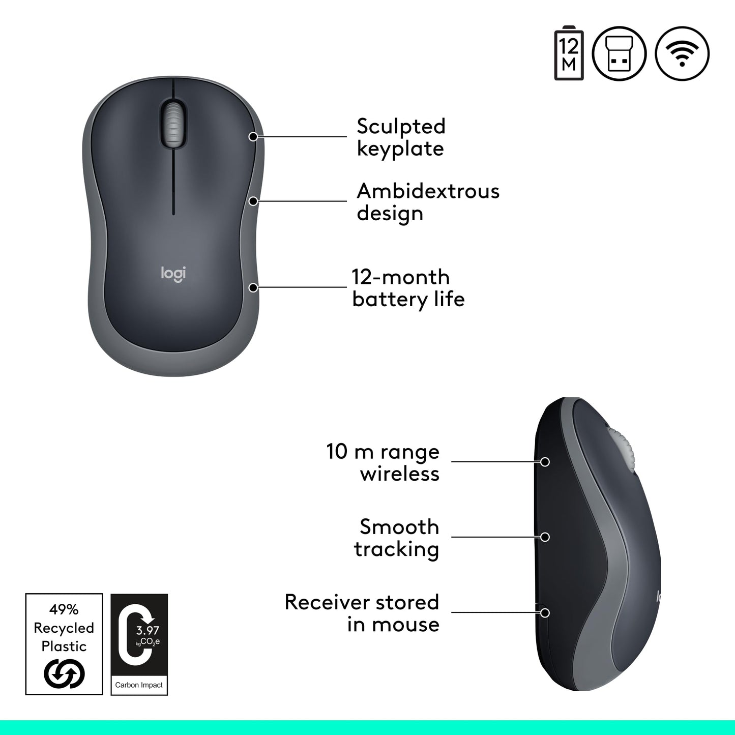 Logitech M185 Wireless Mouse, 2.4GHz with USB Mini Receiver, 12-Month Battery Life, 1000 DPI Optical Tracking, Ambidextrous, Compatible with PC, Mac, Laptop - Grey