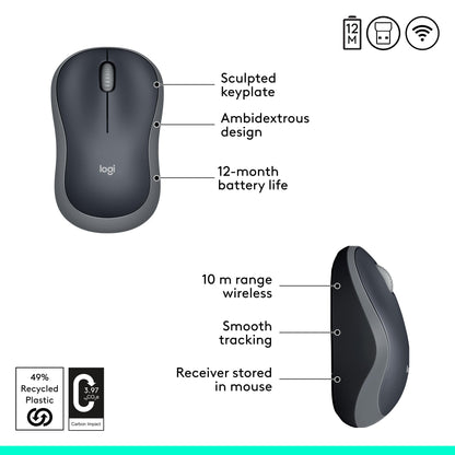 Logitech M185 Wireless Mouse, 2.4GHz with USB Mini Receiver, 12-Month Battery Life, 1000 DPI Optical Tracking, Ambidextrous, Compatible with PC, Mac, Laptop - Grey