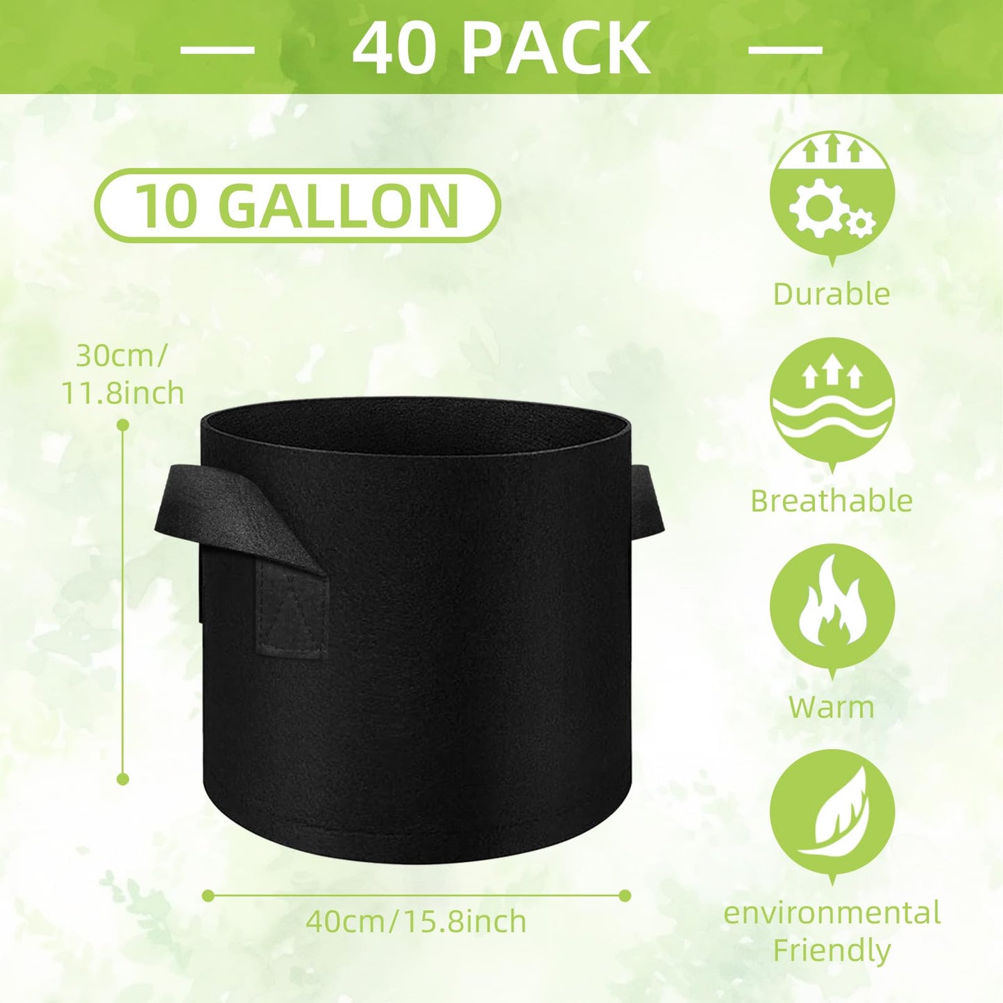 Cskunxia 40-Pack 10 Gallon Grow Bag, Non-Woven Fabric Pots with Handles, Garden Planting Bag for Potatoes, Carrots, Tomatoes and Other Vegetables, Fruits
