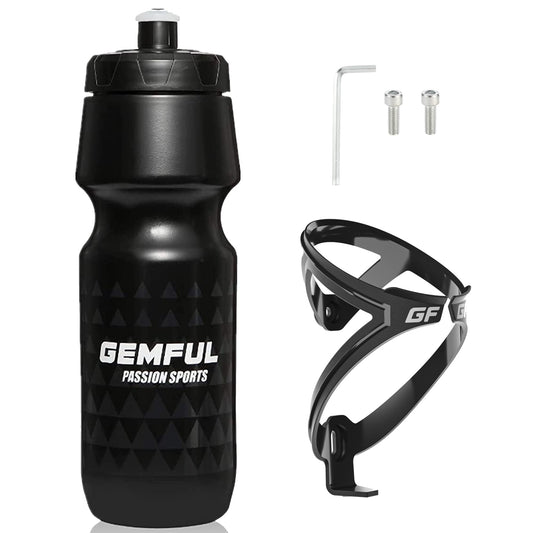GEMFUL 24 oz Cycling Water Bottle and Cage Set BPA Free Bike Water Bottle Holder Combo Leak Proof Lightweight 750ml Fits MTB Mountain Road Bicycle (Black)