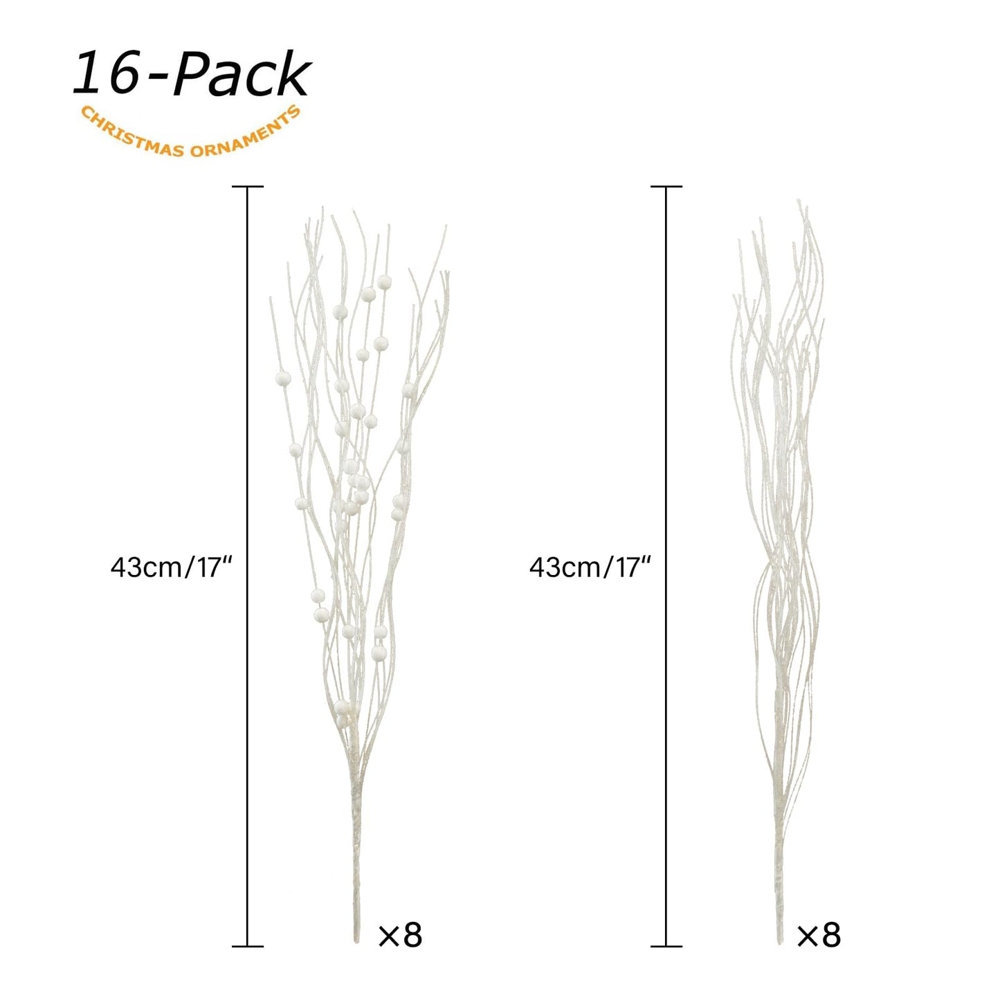 SLKING STORE SLK 16-Pack Artificial Glitter Berry Stem Ornaments, Christmas Decorative Glittery Twigs, Picks, Branches for Tree, Wreath, Small Vase, Halloween Party (White)