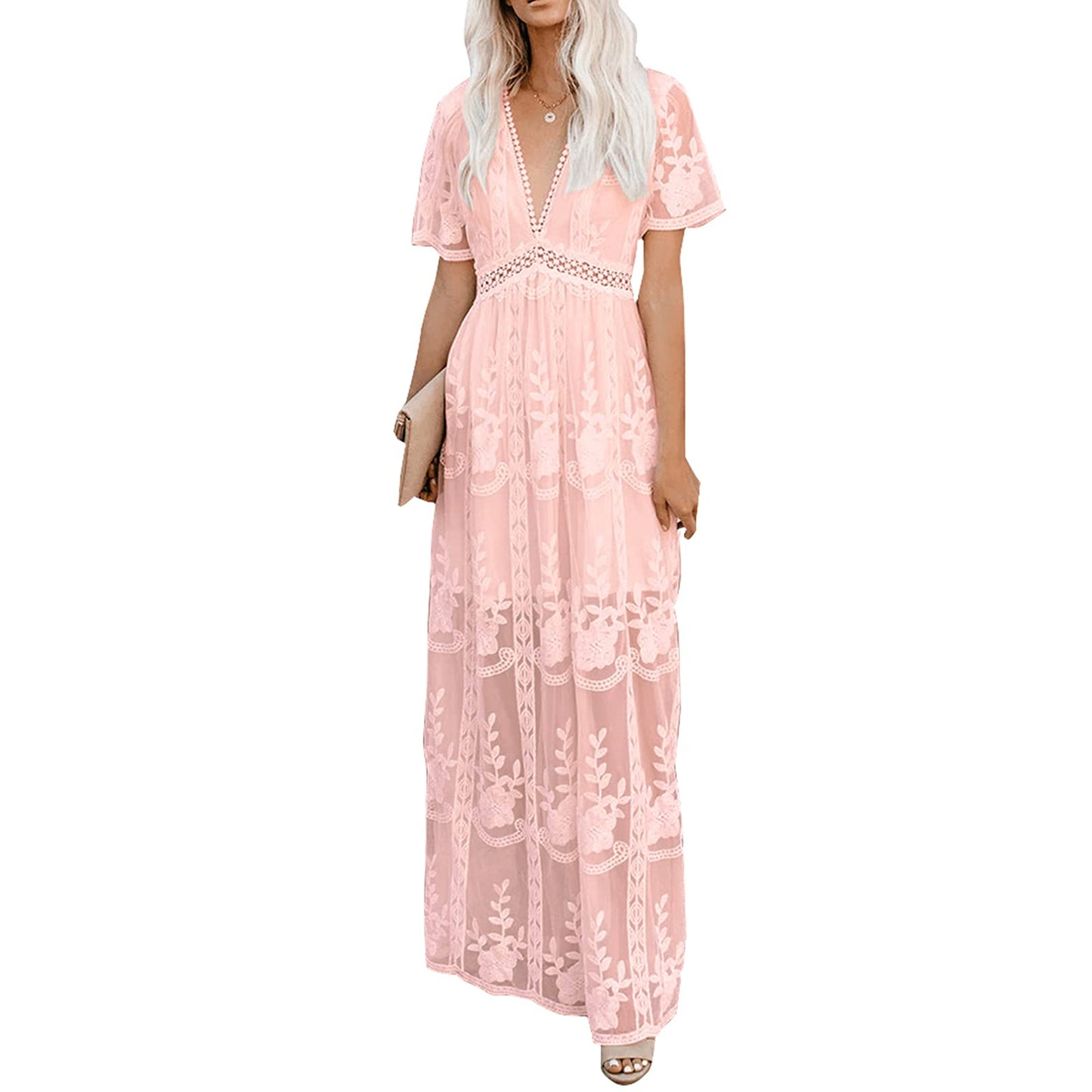 Womens Deep V Neck Short Sleeve Floral Lace Dress Long Bridesmaid Maxi Dresses