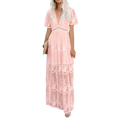 Womens Deep V Neck Short Sleeve Floral Lace Dress Long Bridesmaid Maxi Dresses