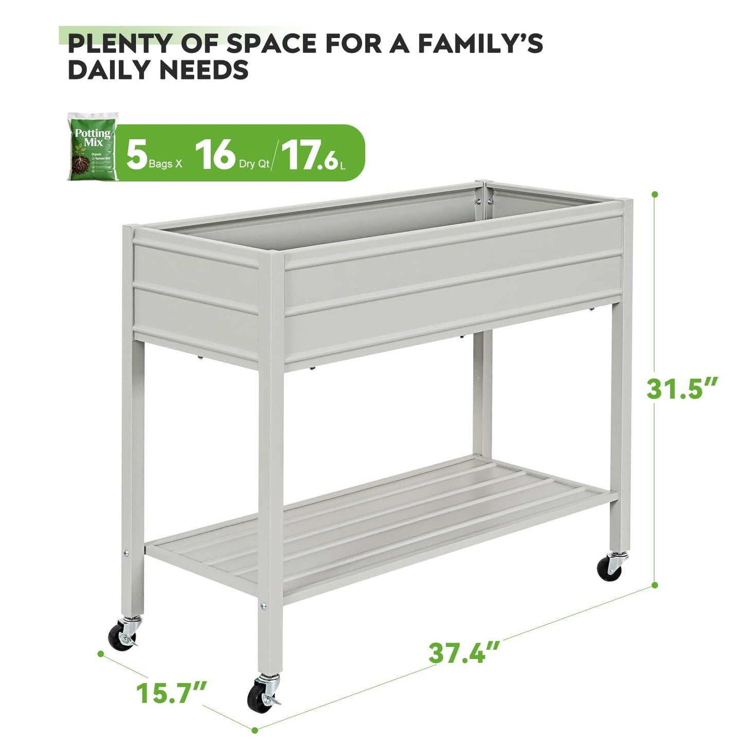 ZORMY 32" Tall Galvanized Raised Garden Bed with Legs Wheels & Shelf, Elevated Planter Box Outdoor for Vegetables, Herbs & Flowers, Patio & Backyard, Garden Bed with 400lb Capacity，Grey