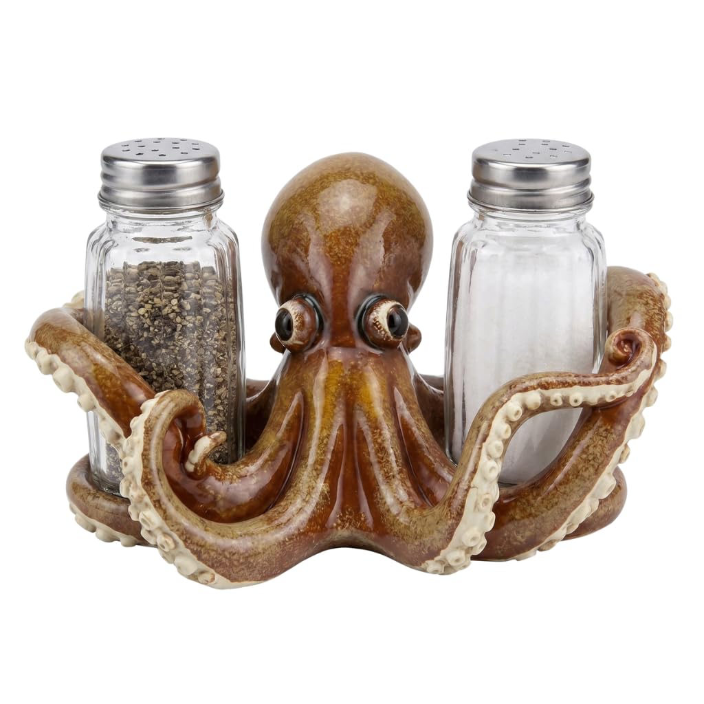 Comfy Hour Decorative Octopus Salt and Pepper Shaker Duo, Artisan Crafted Coastal Sea Life Figurine Holder for Kitchen Tabletop, Includes 2-Count Glass Bottles, 6.1"L x 4.3"W x 3.5"H, Brown Resin