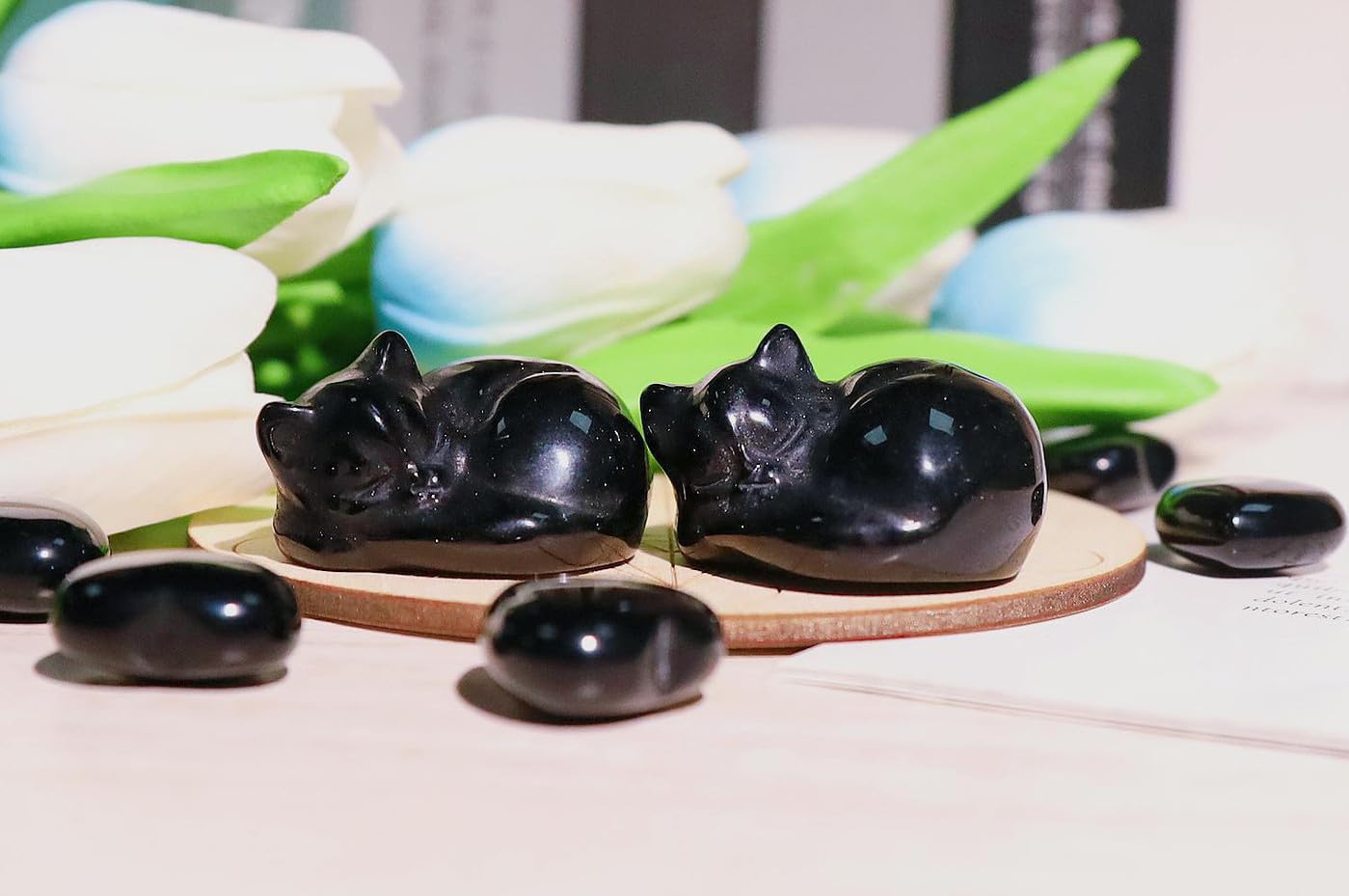 QINJIEJIE Bundle of Amethyst Crystal Tree and Obsidian Cat Statue Natural Reiki Gemstone Tree Life Carved Stone Decors Gift Polished Gemstones Figurine Meditation Gift for Women Men