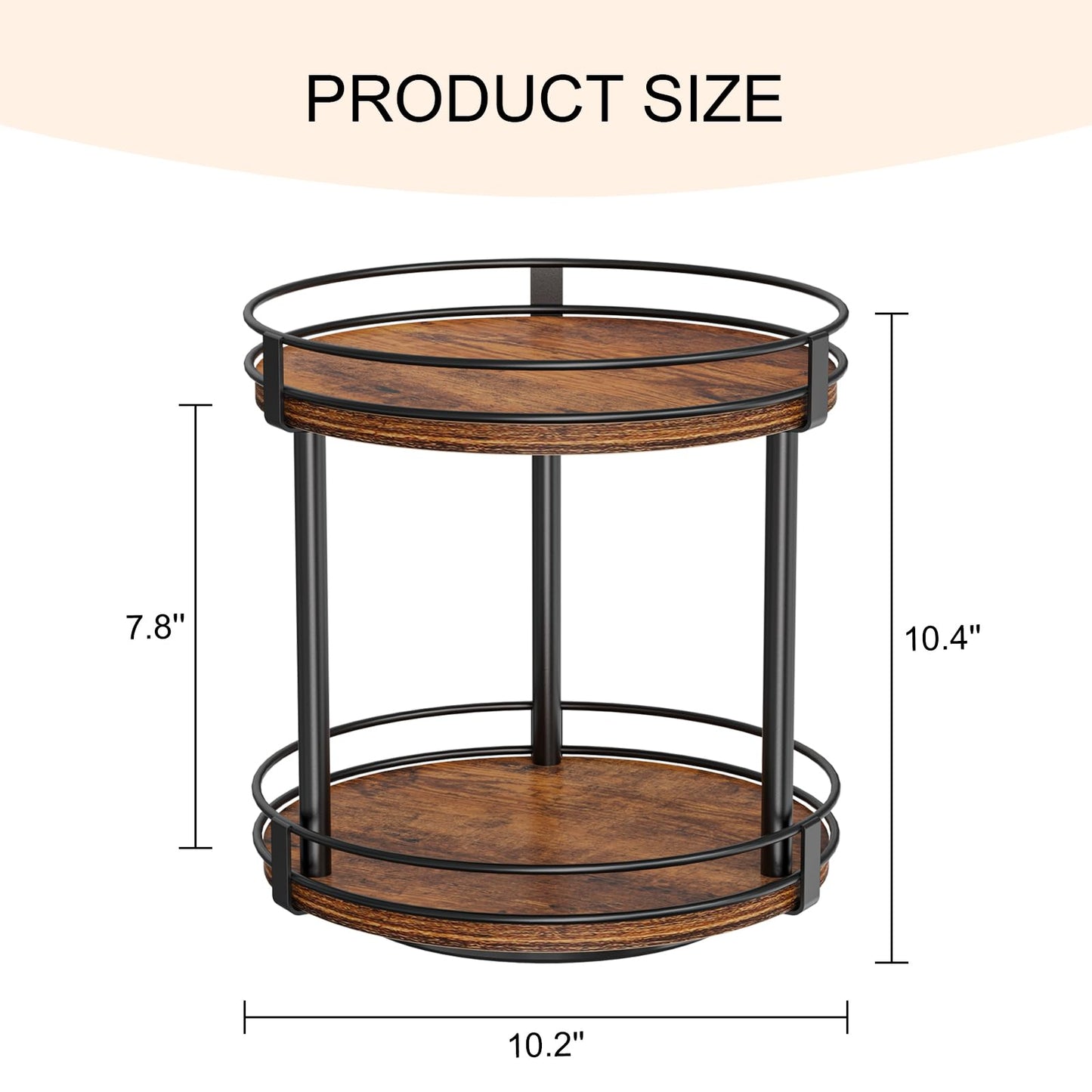Snughome Rotating Spice Rack, 2 Tier Lazy Susan Organizer, Wood Kitchen Countertop Organizer, Brown Lazy Susan Turntable for Cabinet, 10.2" x 10.2" x 10.4"