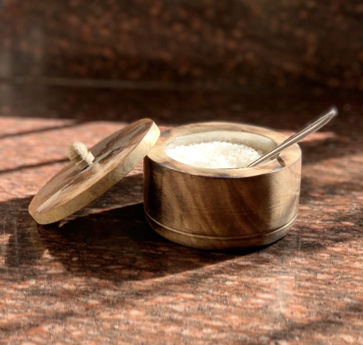 Decorative Rustic Wooden Sugar Bowl With Lid Wide Mouth Candy Treat Jar Spice Jar Holder Condiment Nuts Serving Bowl Pot Salt Spice Herb Loose Leaf Tea Storage Container Novelty Home & Kitchen