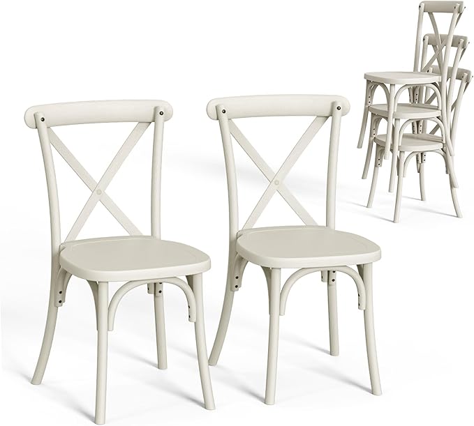 VINGLI Plastic Outdoor Dining Chairs Set of 2, Stackable Patio Cream White Dining Chairs with X Back, Waterproof Kitchen & Dining Room Chairs for Indoor-Outdoor, Capacity 400 lbs
