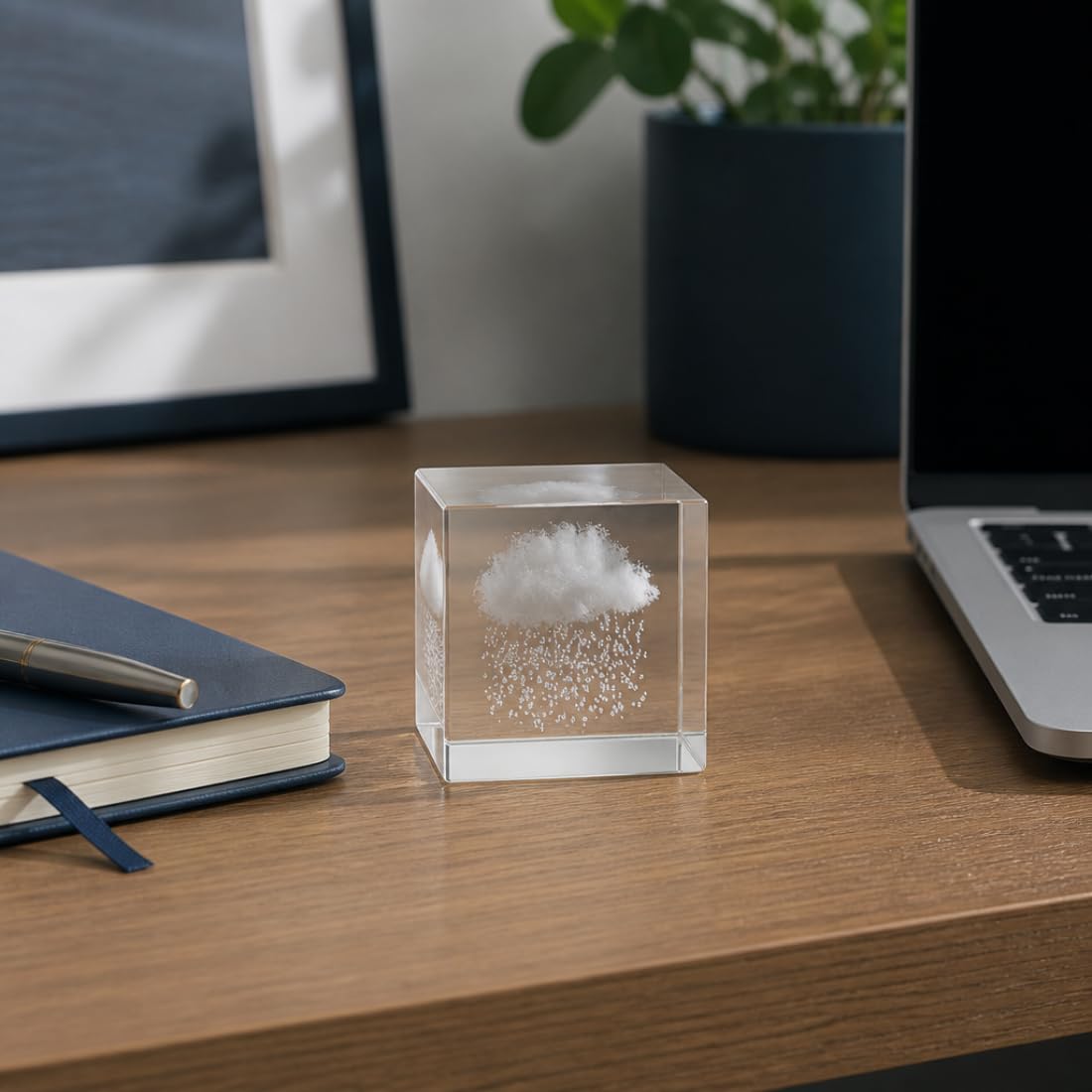 VOXTURA Small Decorative Paper Weight - Aesthetic Cute Crystal for Desk Shelf Sitter Office Decor - Rain Cloud Cube, Stress Relief Gifts for Coworkers (2.4")