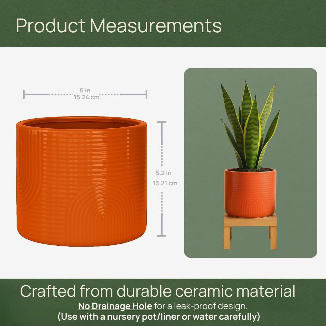 ÈMJÉ LUXE 6 Inch Ceramic Plant Pot – Decorative Indoor Planter (No Drainage Hole) for Succulents, Herbs & Houseplants – Modern Tabletop Desk Planter – Terracotta