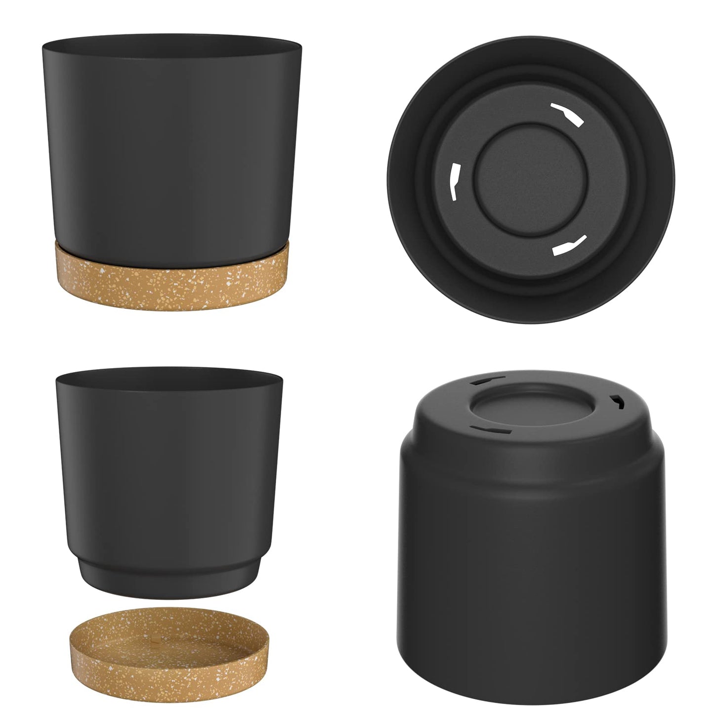 ZMTECH 16.5cm Plant Pots, Modern Planters with Drainage Holes and Detachable Saucer, Plastic Flower Pots for Plants for House Garden Windowsill (Set of 2, Dark Grey)