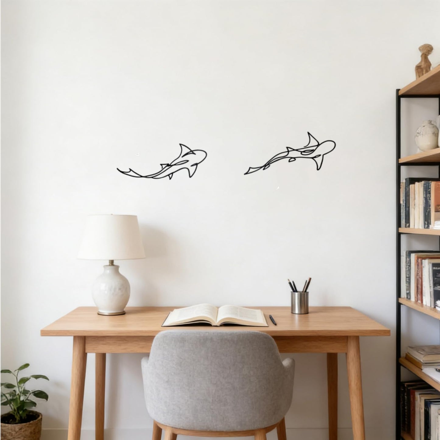 JBCHUCI Metal Fish Wall Art Nautical Decor Set of 2, Abstract Line Iron Shark Wall Sculptures for Coastal Living Room, Bathroom, Bedroom - Ocean Themed Home Decor Housewarming Gift