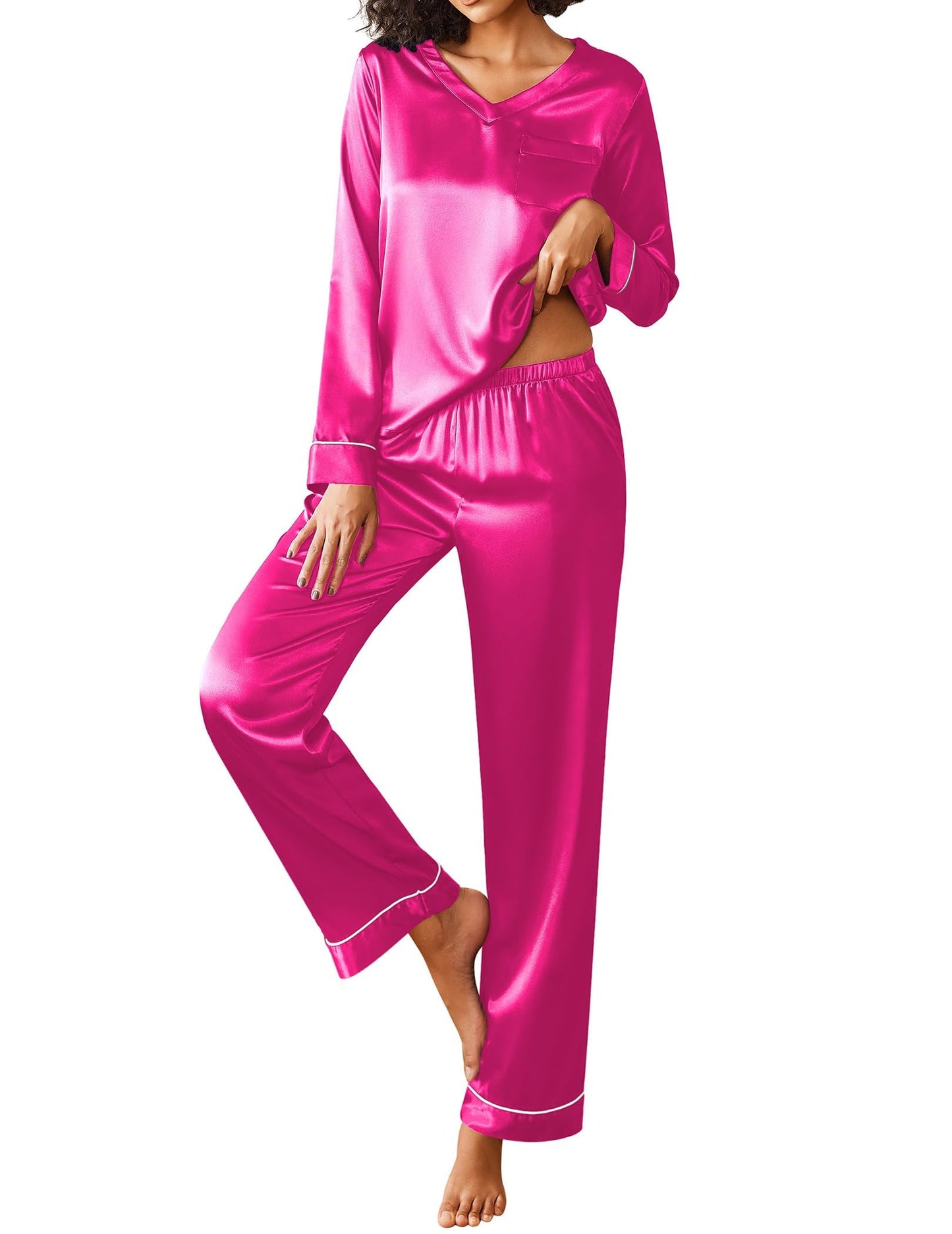 Ekouaer Silk Pajama for Women Long Sleeve Satin Pj Set Two Piece Soft Sleepwear Loungewear S-XXL