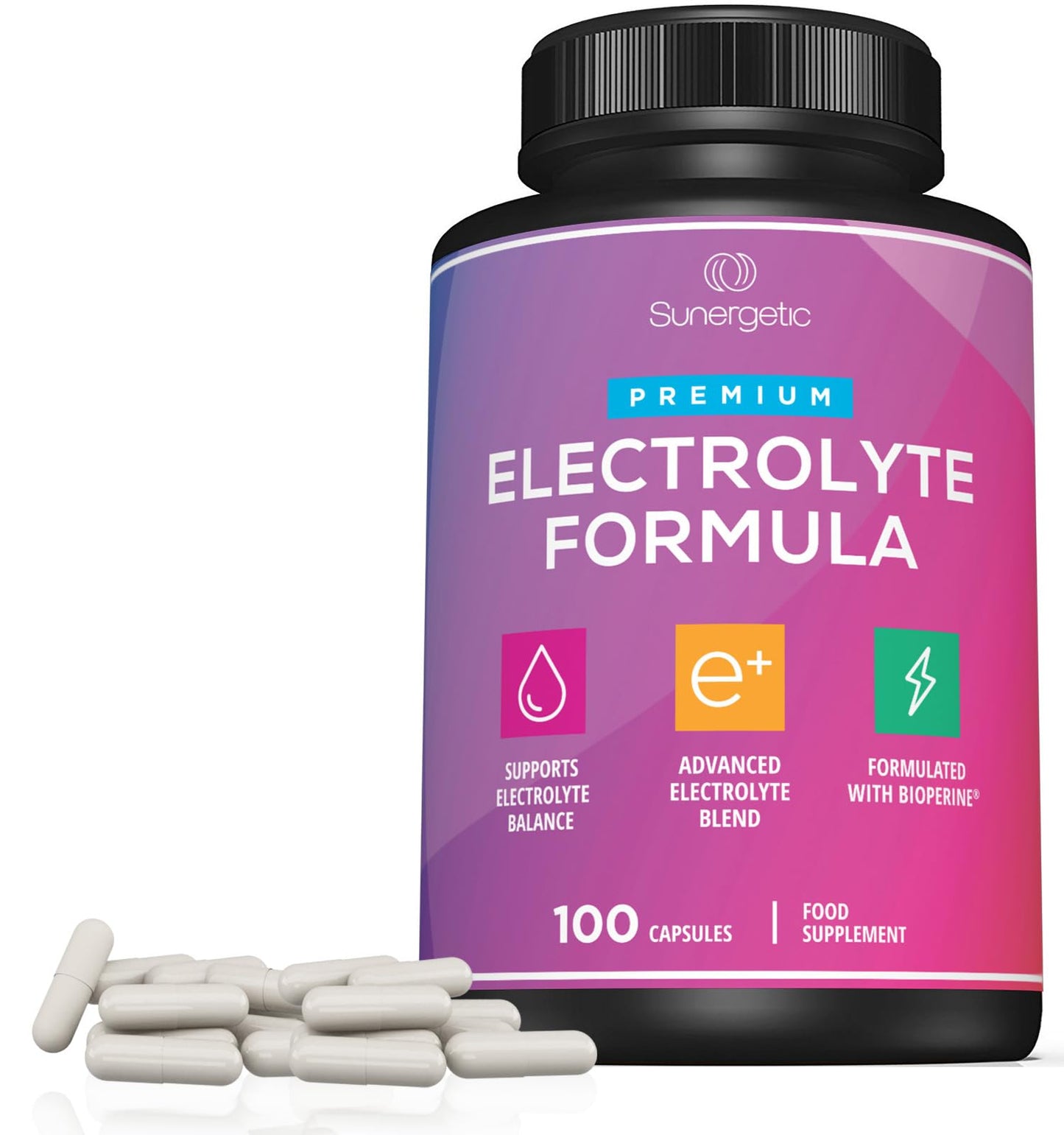 Sunergetic Premium Electrolyte Capsules Support for Keto, Low Carb, Rehydration & Recovery - Electrolyte Replacement Capsules Includes Electrolyte Salts, Magnesium, Sodium, Potassium 100 Capsules.