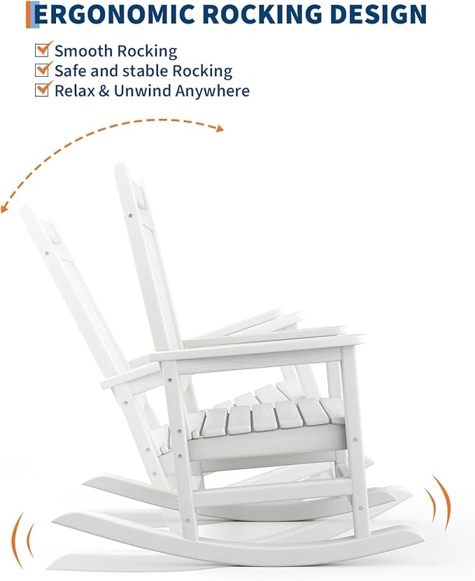 GarveeLife Poly Lumber Rocking Chair Outdoor - HDPE High Back Porch Rocker Chairs for Adults - All Weather Resistant Furniture for Patio - White