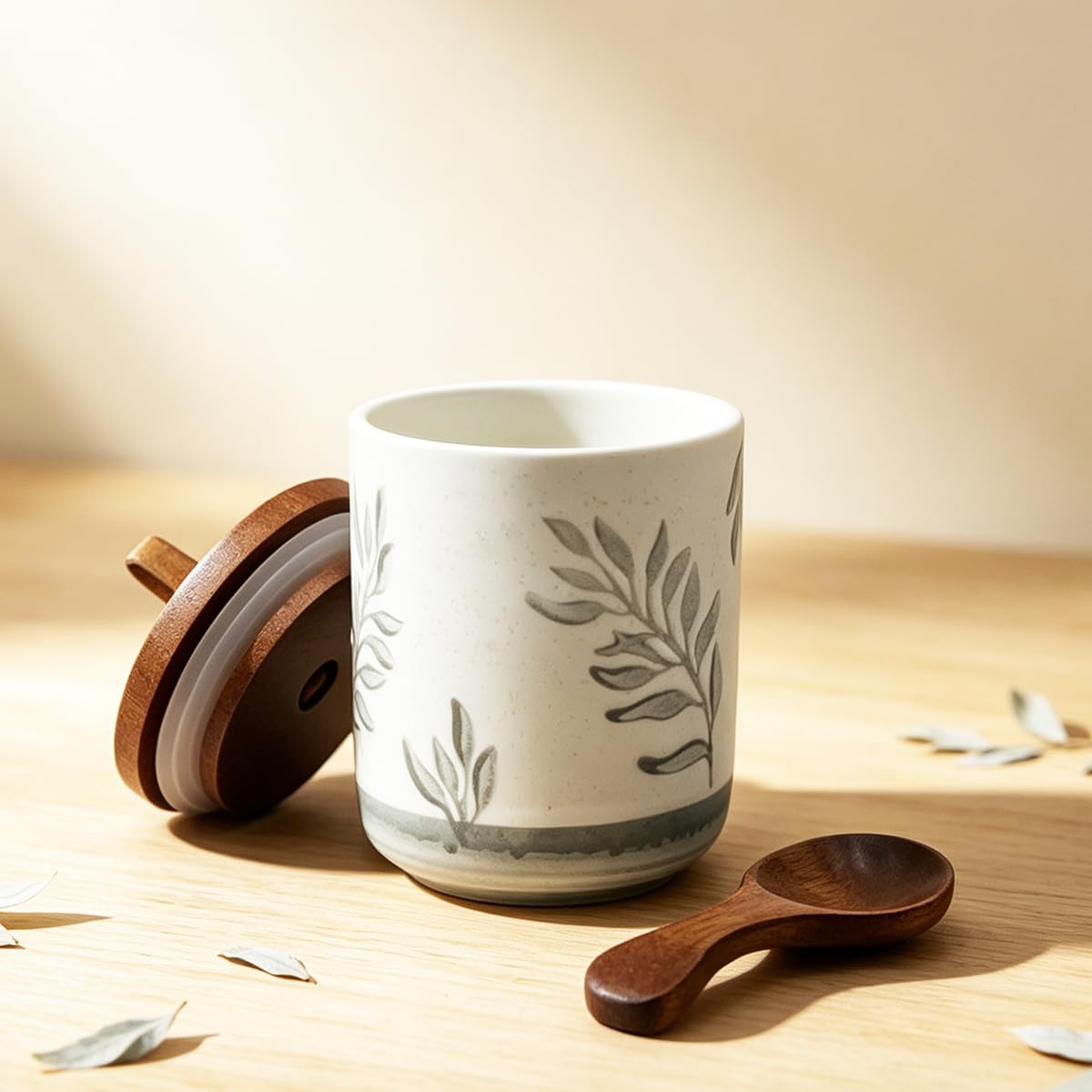 EWEIGEER 10oz Ceramic Airtight Food Storage Container with Wooden Spoon for Sugar,Matcha,Salt,Coffee,Spices,Cat Treat,Loose Leaf Tea(Gray-Green Olive Leaves)
