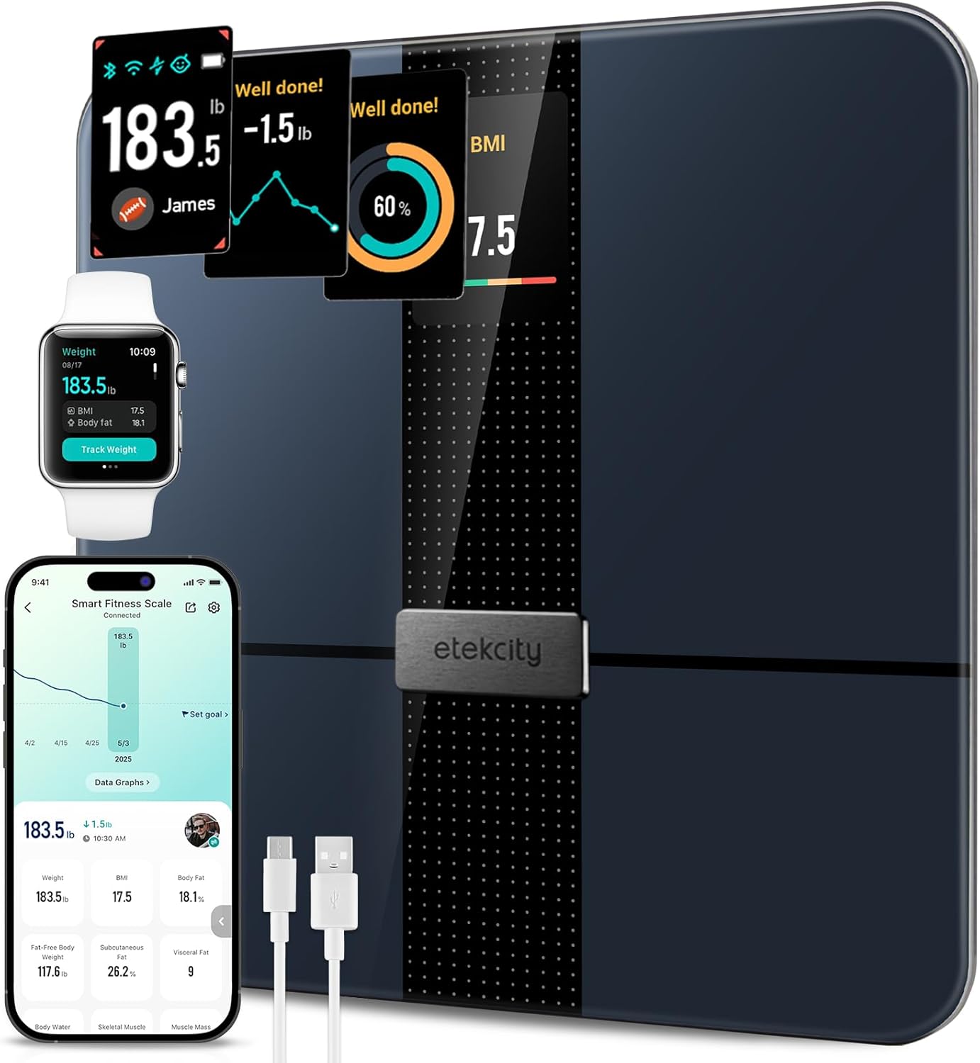 Etekcity Smart Scale for Body Weight Fat, Digital Bathroom Weighing Machine for Accurate BMI Muscle Mass Composition, Home Use Apple Health Compatible Fitness Equipment