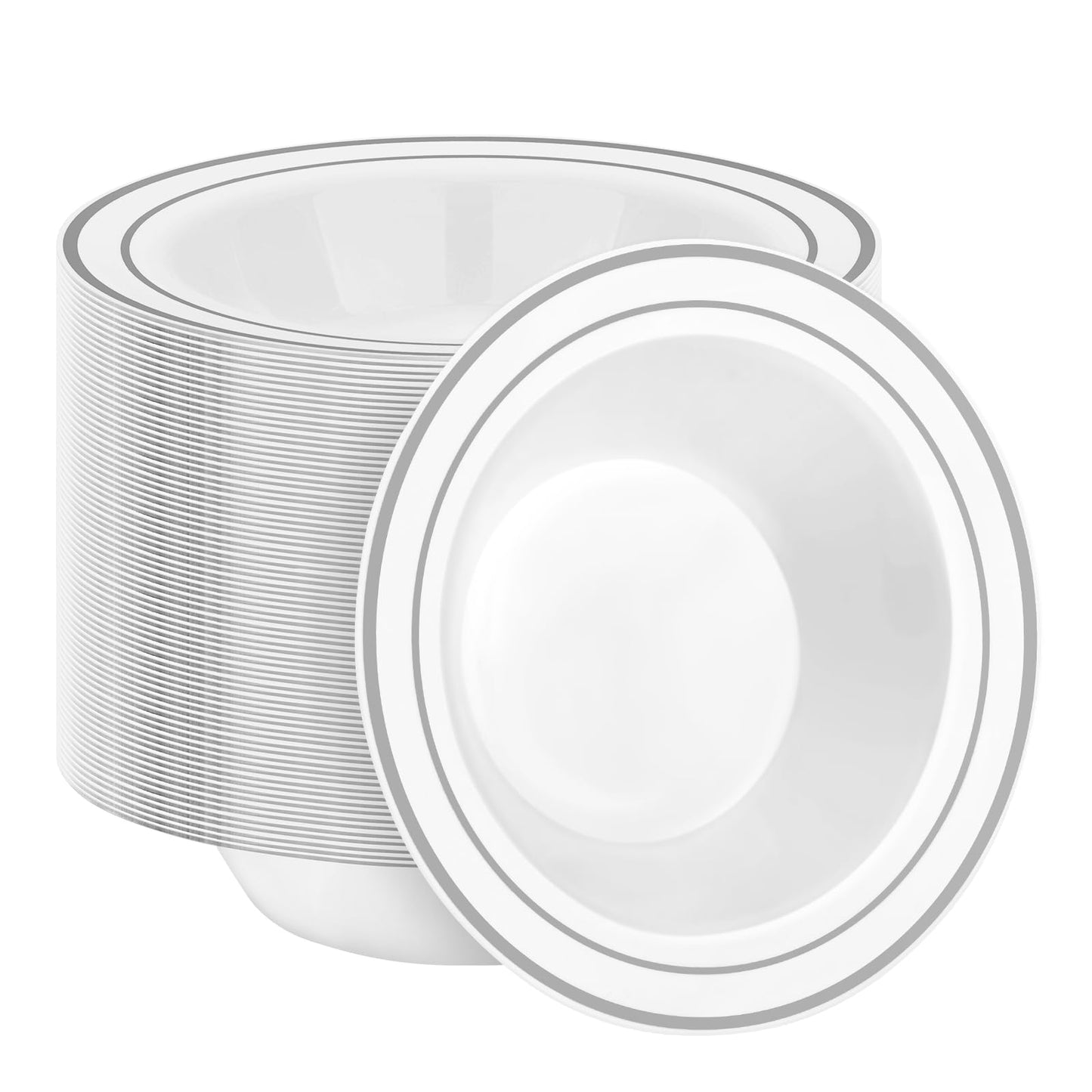 BESTSTAR 100 Pack Disposable Soup Bowls with Silver Rim, 12oz Premium Heavy Duty Plastic Dinner Bowls for Party, Wedding and Holiday