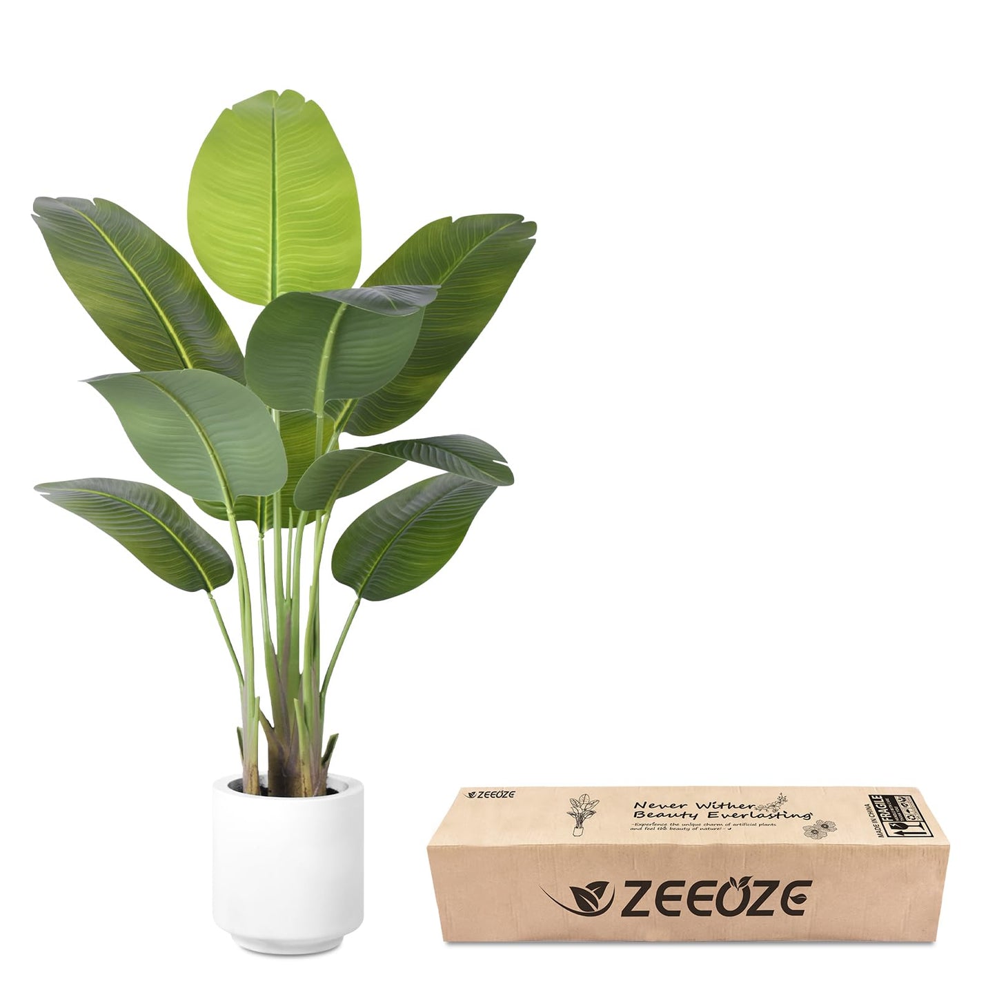 ZEEOZE Artificial Bird of Paradise Plant 4Ft Tall Fake Tropical Palm Tree Large Fake Plants with 9 Silk Banana Leaves Faux Plant Indoor Decor Trees with White Pot for Home Bedroom Living Room Office