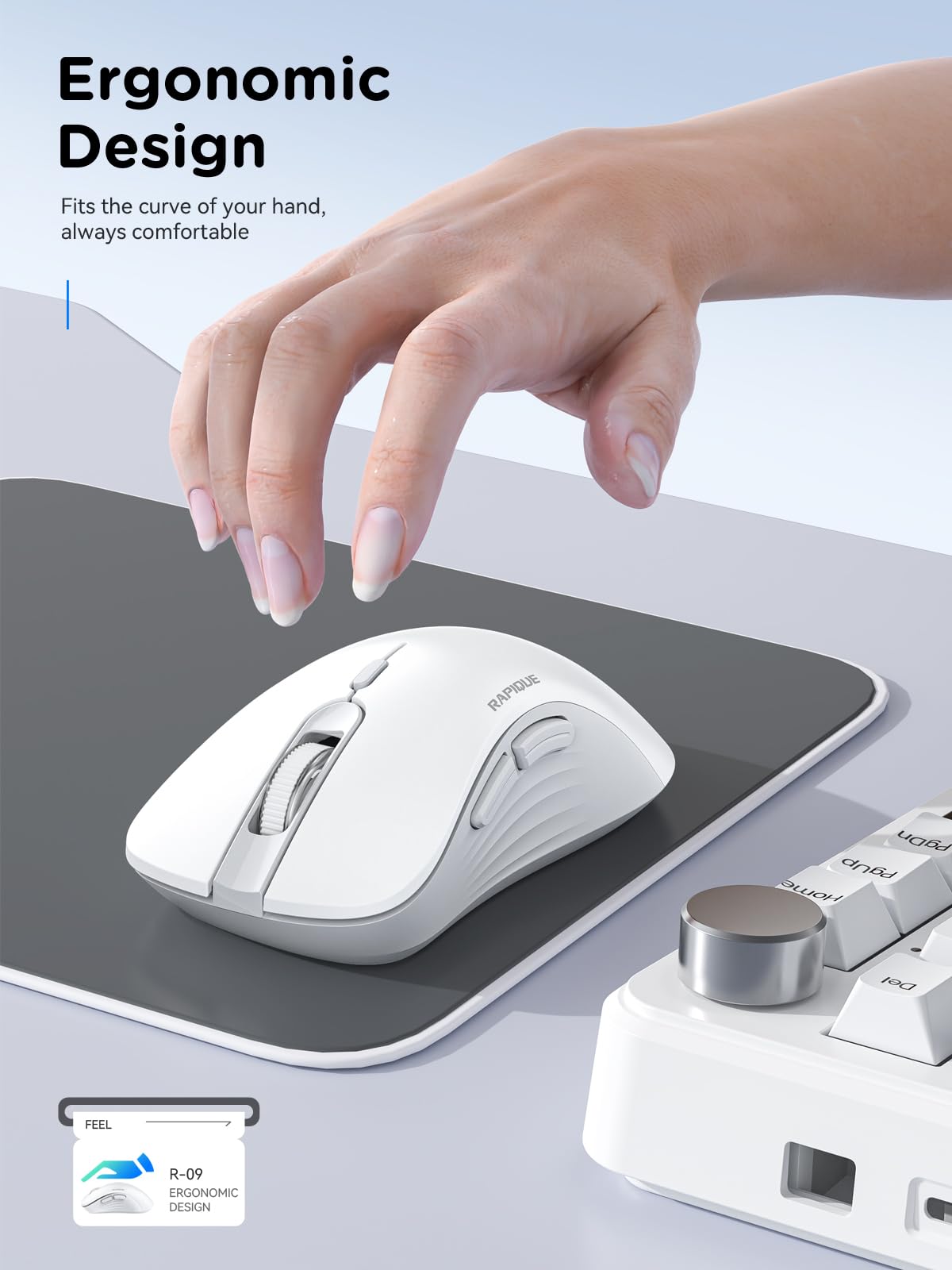 RAPIQUE Bluetooth Wireless Mouse - Dual Bluetooth & 2.4 GHz USB Receiver, Ergonomic Design, Quiet Clicks, Low Power - Multi-Device Compatibility for MacBook, Laptop, Computer, iPad Air/Pro (Pink)