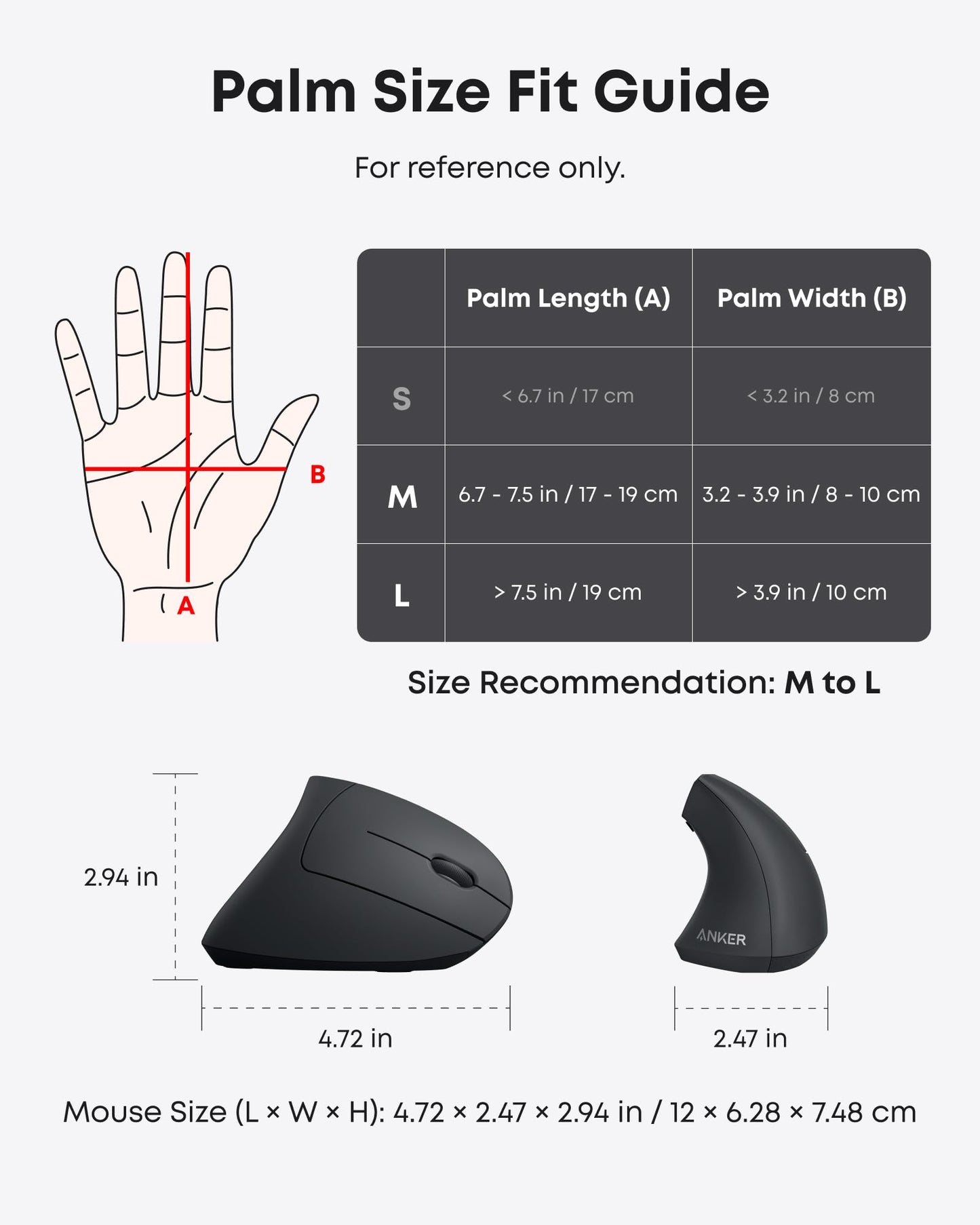 Anker 2.4G Wireless Vertical Ergonomic Optical Mouse, 800/1200 /1600 DPI, 5 Buttons for Laptop, Desktop, PC, Macbook - Black