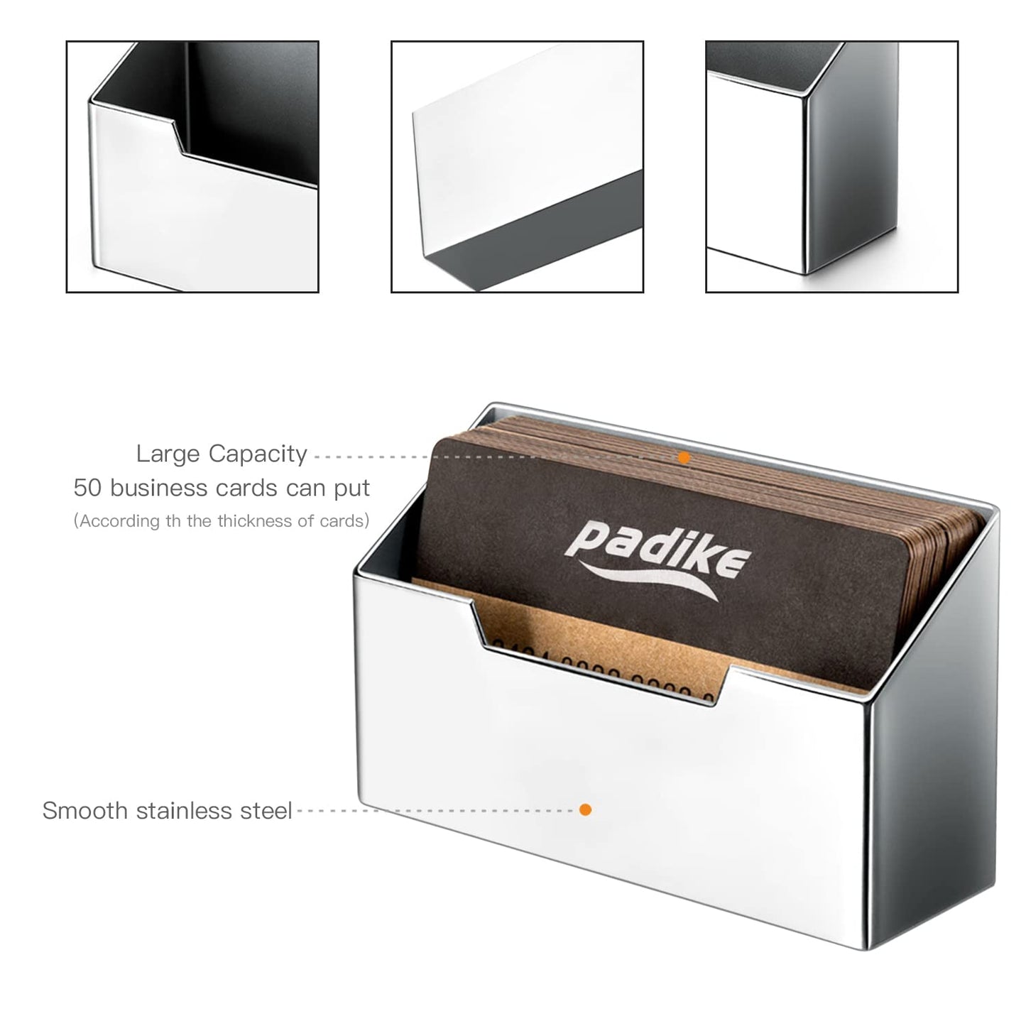 Padike Stainless Steel Business Card Holder - Brushed Metal Desk Organizer for Office & Home, Modern Business Card Stand Display (Holds 50 Cards) - Minimalist & Durable