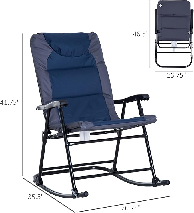 Outsunny Oversized Folding Rocking Camping Chair Set of 2, Padded Outdoor Rockers with High Back and Armrests, Portable Outdoor Patio Chairs with Steel Frame for Garden, Porch, Lawn, Navy Blue