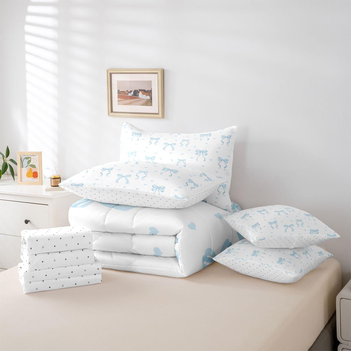 Erosebridal Princess Bowknot 7 Piece Bedding Set Full Ribbon Bow Comforter Set with Sheets Bow Tie Bed in A Bag Princess Bed Sets with 2 Pillowcases, 2 Throw Pillow Covers