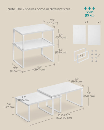 SONGMICS Cabinet Organizer Shelf, Set of 2 Kitchen Counter Shelves, Kitchen Storage, Spice Rack, Stackable, Expandable, Metal and Engineered Wood, Ink Black and Natural Beige UKCS02NB